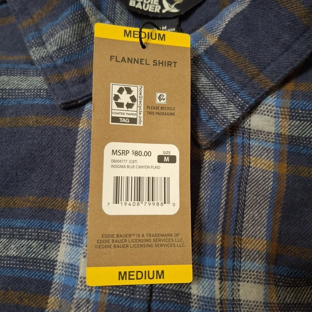 Eddie Bauer Shirt Mens Medium Insignia Blue Canyon Plaid Twill Flannel Button Up